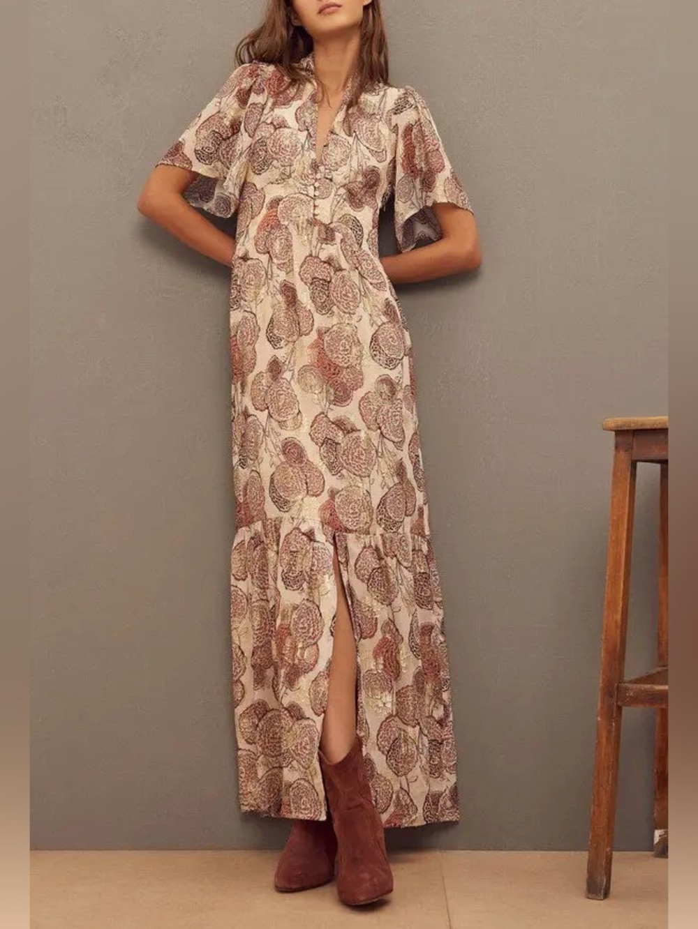 ba&sh Cream Maxi Dress with Brown Floral Print